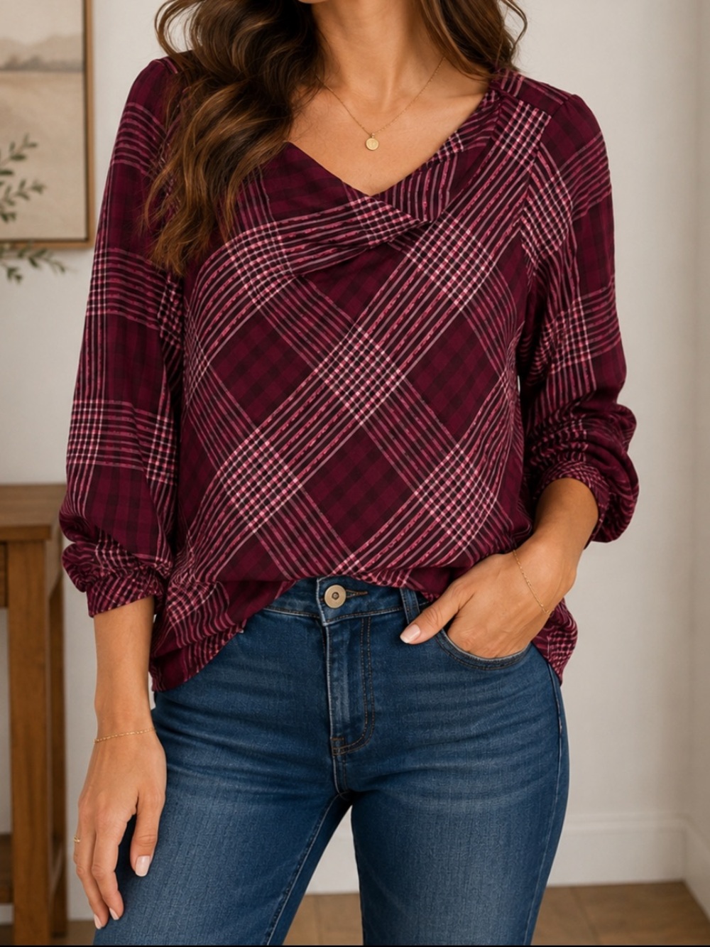 Ann Taylor Tartan Plaid Cowl Neck Pullover Woven Blouse Holiday Purple Large